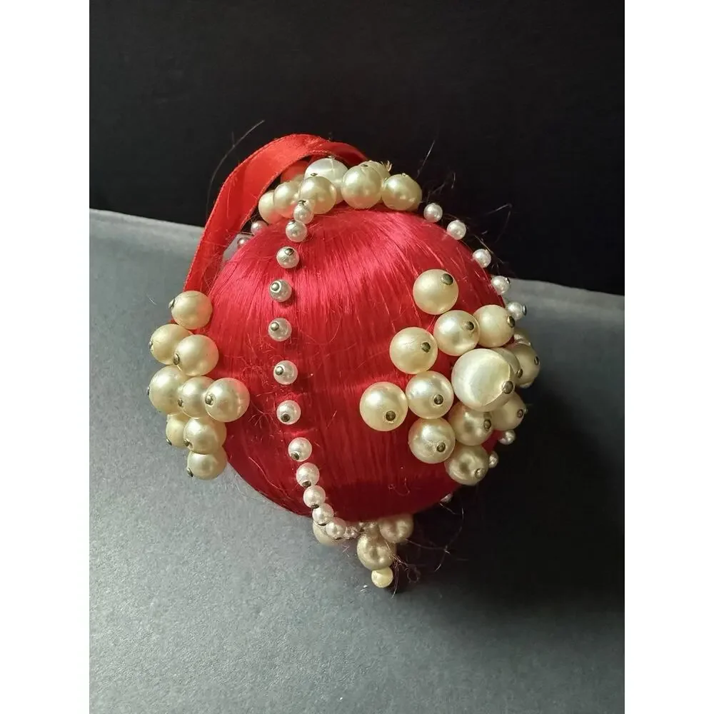 Vintage Handmade Jeweled Beaded Push Pin Red White Victorian Christmas Ornament